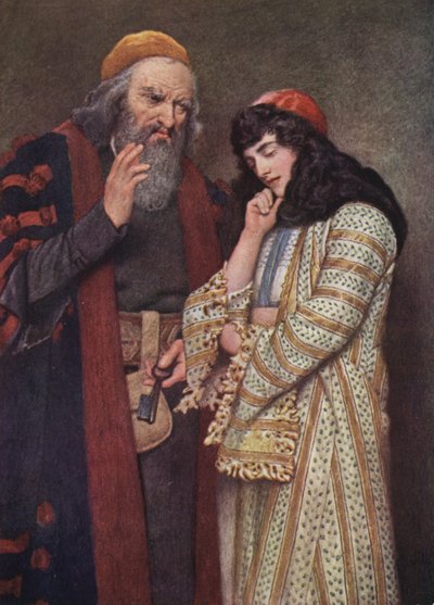 O Mercador de Veneza de Shakespeare: Shylock e Jessica (litografia a cores) de James Dromgole Linton