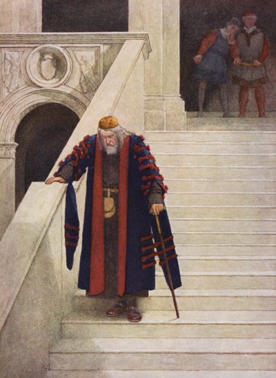 O Mercador de Veneza, de Shakespeare: Shylock a sair do Palácio Ducal (litografia a cores) de James Dromgole Linton