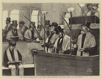 A Festa dos Tabernáculos na Sinagoga do Norte de Londres, o Leitor levando o Ramo de Palma de James Dromgole Linton