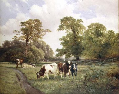 O Gado a pastar por um caminho numa paisagem arborizada de James Duffield Harding