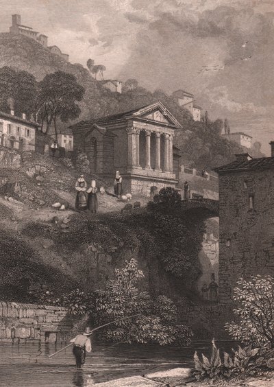 Vista do Templo de Clitunno ao longo do rio Clitunno perto de Campello sul Clitunno, Umbria, Itália, gravura em aço da Jordânia após desenho de James Duffield Harding (1798-1863), cerca de 10, 5x15 cm de James Duffield Harding