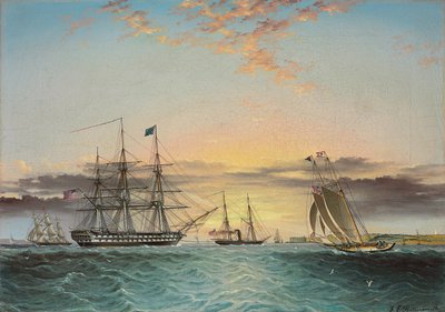 O USS Ohio sob reboque em Lower Bay, Nova York, com vista para Fort Hamilton de James E. Buttersworth