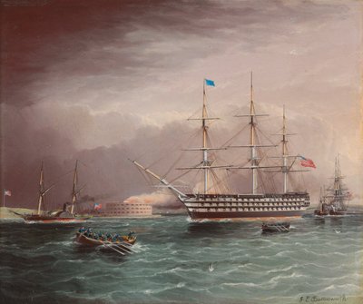 O USS Pensilvânia sob reboque no início da Guerra Civil Americana com Fort Monroe em segundo plano de James E. Buttersworth