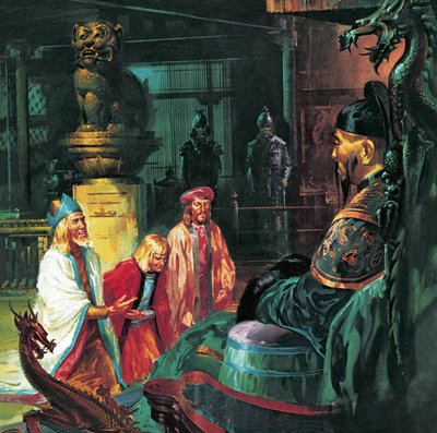 Marco Polo em frente de Kublai Khan, século XX (litografia) de James Edwin McConnell
