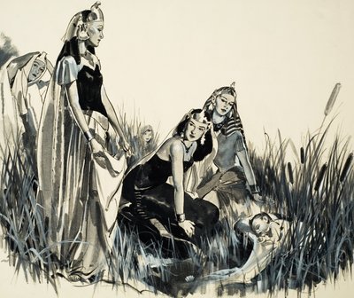 Moisés é encontrado entre os juncos (guache sobre papel) de James Edwin McConnell