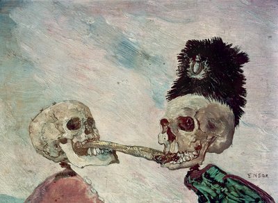 Esqueletos Lutando por um Arenque (óleo sobre painel) de James Ensor