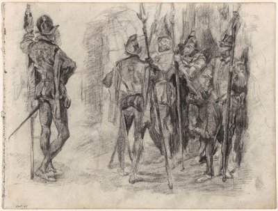 Esboços de figuras e cinco soldados espanhóis com lanças de James Ensor