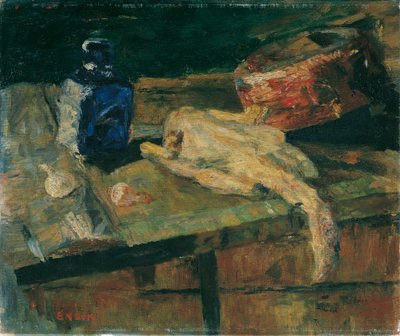 Natureza Morta com Garrafa Azul e Frango Depenado de James Ensor