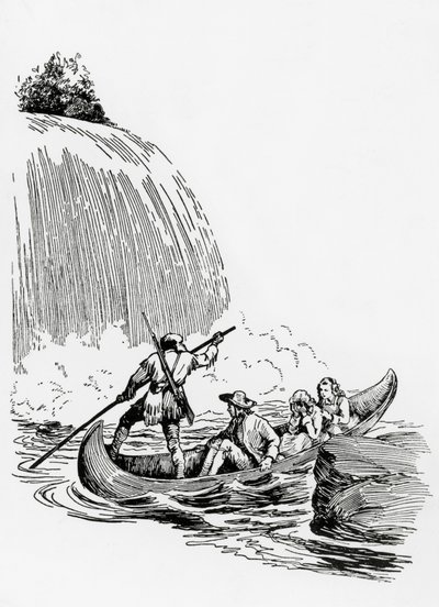 Os personagens principais em uma canoa por uma cachoeira, ilustração para The Last of the Mohicans de James Fenimore Cooper, Principato Editore, Milão de James Fenimore Cooper