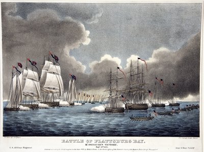 A Batalha da Baía de Plattsburg: McDonoughs Victory, pub. 1840 (gravura a cores) de James Fuller Queen
