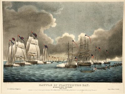 Batalha da Baía de Plattsburg: McDonough&39;s Victory, pub. 1840 (gravura colorida à mão) de James Fuller Queen