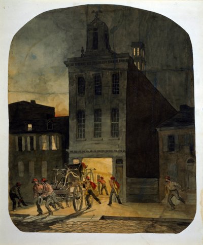 Os Bombeiros de Filadélfia deixam o quartel para ir ao local de um incêndio. Aquarela por James Fuller Queen (1820-1866) 1857. de James Fuller Queen