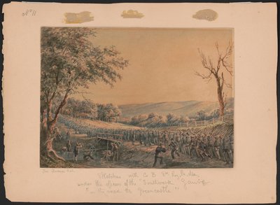 Esboços com Co. B, 8º Reg. Pa. Ma. sob os oficiais do velho Southwark Gaurd [sic] na estrada para Greencastle / Jas. Rainha do. Resumo/mídia de James Fuller Queen