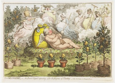 A Orangerie: O Cupido holandês descansando do cansaço da plantação, 1796
A Orangerie; ou o reposing do Cupido Holandês, após o cansaço da Plantação (título sobre o objecto) de James Gillray (signed by artist)