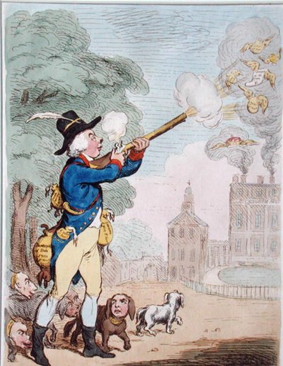 A Good Shot, ou Billy-Ranger the Game-Keeper em um belo país esportivo, publicado por Hannah Humphrey em 1792 (gravura colorida à mão) de James Gillray