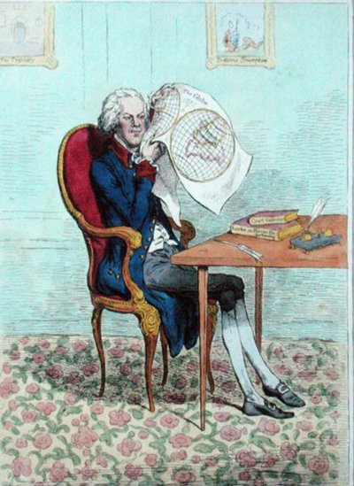 Um Político Keen-Sighted descobrindo as Conquistas Britânicas, publicado por Hannah Humphrey em 1795 (gravura colorida à mão) de James Gillray
