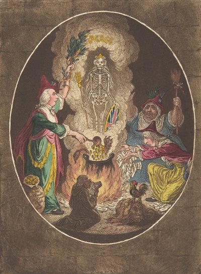 A Phantasmagoria,-Scene-Conjuring-Up an Armed-Skeleton, 5 de janeiro de 1803., 5 de janeiro de 1803. de James Gillray