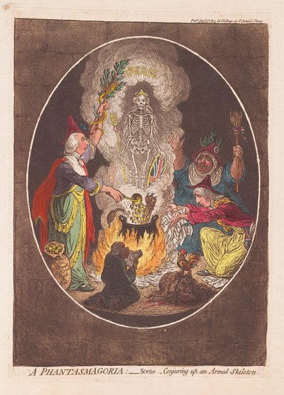 A Phantasmagoria: Cena - Conjurando um esqueleto armado, pub. 1803 (gravura colorida à mão) de James Gillray
