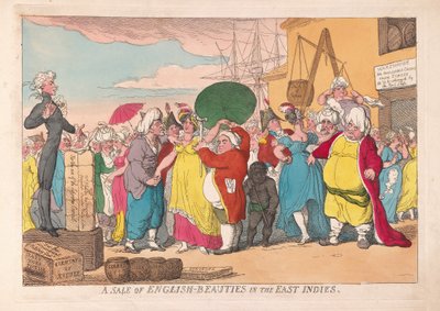 Uma venda de belezas inglesas nas Índias Orientais, pub. 1786 (gravura colorida à mão) de James Gillray