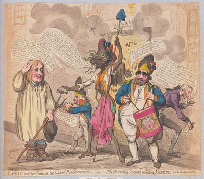 Alecto e seu trem na porta do Pandaemonium ou o Sarjeant de recrutamento enlising John Bull no serviço da revolução, bar. (gravura colorida à mão) de James Gillray