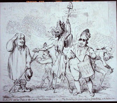 Alecto e o seu comboio na Porta do Pandemónio, ou O Sargento Recrutador que recrutou John Bull para o Serviço da Revolução, publicado por S.W. Fores em 1791 (gravura) de James Gillray