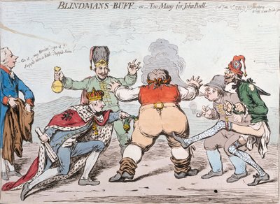 Blindman&39;s Buff, ou Too Many para John Bull, publicado por Hannah Humphrey em 1795 (gravura à mão colorida) de James Gillray