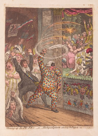 Explodindo o Pic Nics ou Arlequim Quixotte atacando os fantoches, pub. 1804 (gravura colorida à mão) de James Gillray