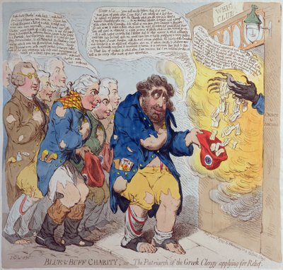 Blue und Buff Charity, ou O Patriarca do Clero Grego que se candidata a Socorro, publicado por Hannah Humphrey em 1793 (gravura à mão colorida) de James Gillray