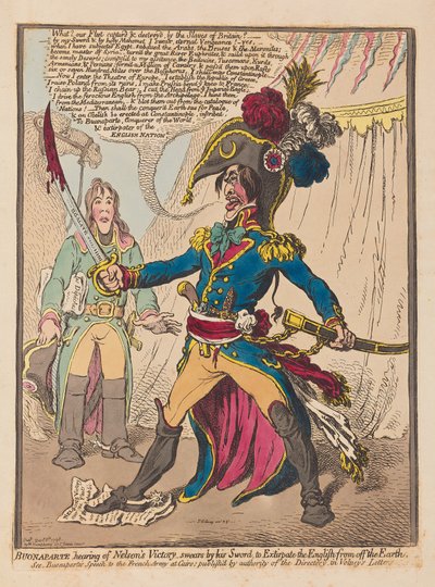 A audição de Bonaparte de Nelsons Victory jura por sua espada extirpar o inglês da terra, bar. 1798 (gravura colorida à mão) de James Gillray