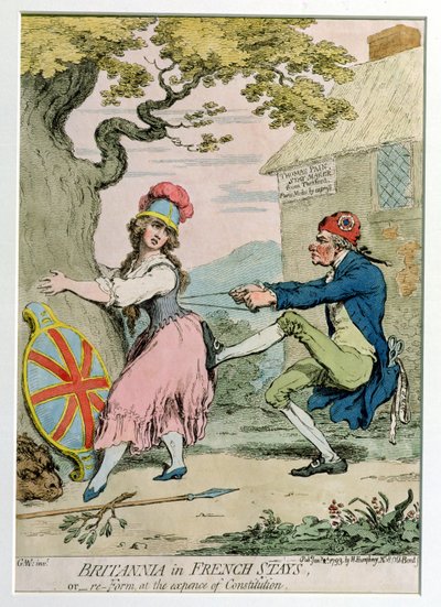 Britannia em French Stays, ou Re-Form à custa de Constitution, publicado por Hannah Humphrey em 1793 (gravura à mão colorida) de James Gillray