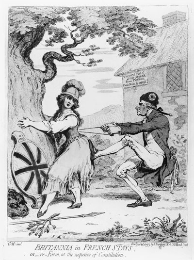 Britannia em French Stays, ou Re-Form at the Expense of Constitution, publicado por Hannah Humphrey em 1793 (gravura) de James Gillray