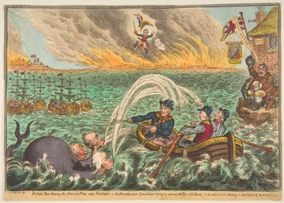 Alcatrões britânicos Rebocando a frota dinamarquesa para o porto, o Leviatã de fundo largo ..., 1 de outubro de 1807. de James Gillray
