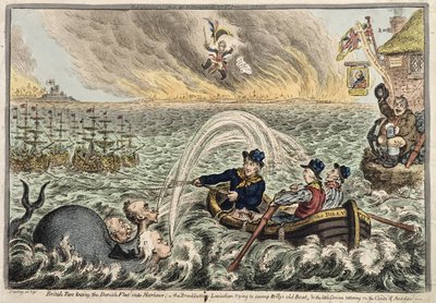 Os britânicos Tars rebocando a frota dinamarquesa até o porto, ou o Broadbottom Leviathan tentando afundar o velho barco de Billy, e o pequeno corso cambaleando sobre as nuvens da ambição, 1807 (gravura à mão colorida de James Gillray