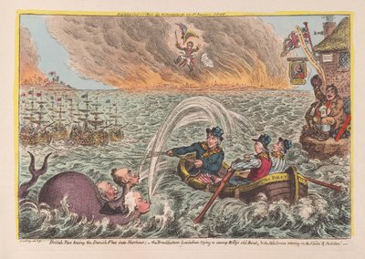 Tars britânicos que rebocam a frota dinamarquesa em Porto: o Leviathan de fundo de Borad que tenta pântano Billys Barco velho & o pequeno Corsário que cambaleia nas Nuvens de Ambição, bar. 1807 (engra colorido à mão de James Gillray