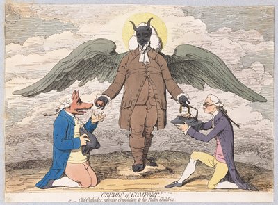 Migalhas do conforto, ou ortodoxos velhos que restauram a consolação a suas crianças caídas, bar. 1782 (gravura colorida à mão) de James Gillray