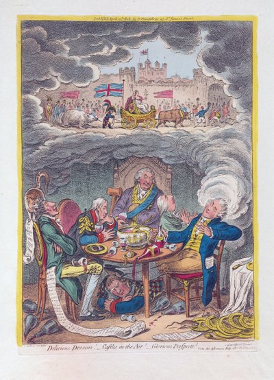 Deliciosos Sonhos: Castelos no Ar! - gloriosas perspectivas !, pub. 1808 (gravura colorida à mão) de James Gillray