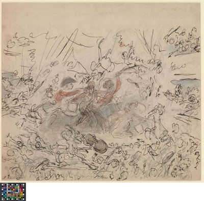 Neerlandês: O espetáculo do mundo: as guerras napoleónicas (anverso).  Lista de temas "dignos do talento dos artistas britânicos" (verso) de James Gillray