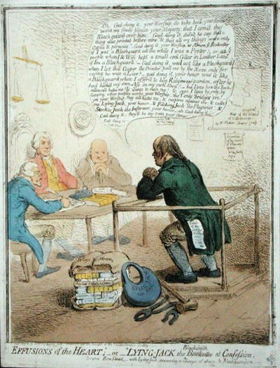 Effusions of the Heart, ou "Lying Jack the Blacksmith at Confession", publicado por Hannah Humphrey em 1795 para a Sociedade Filantrópica (gravura colorida à mão) de James Gillray