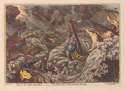 Fim da invasão irlandesa ou a destruição da armada francesa, bar. 1797 (gravura colorida à mão) de James Gillray