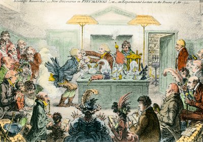 Sátira inglesa sobre a ciência: novas descobertas em materiais pneumáticos. Desenho satírico sobre o entusiasmo pelas conferências científicas do século XIX. Gravura de James Gillray (1757-1815) de James Gillray