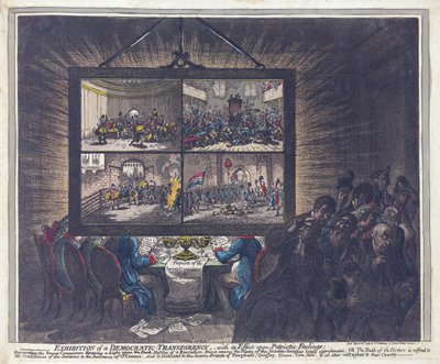 Exposição de uma Transparência Democrática, com seu Efeito sobre os Sentimentos Patrióticos, pub. 1799 (gravura colorida à mão) de James Gillray