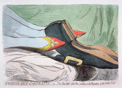 Contrastes da Moda, ou Sapatinho da Duquesa cedendo à Magnitude do Pé do Duque, publicado por Hannah Humphrey em 1792 (gravura com wc) de James Gillray