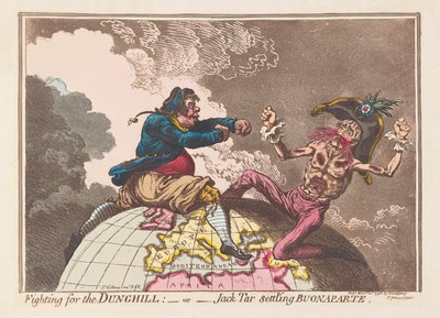 Lutando pelo Dunghill ou pelo Jack Tar que estabelece Buonaparte, bar. 1798 (gravura colorida à mão) de James Gillray