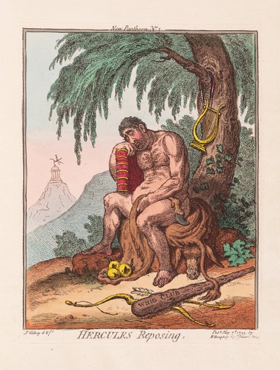 Hercules Reposing, pub. 1799 (engaving colorido à mão) de James Gillray