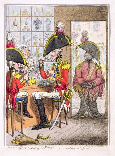 &39;Hero&39;s Recruiting no Kelsey&39;s, ou Guard-Day no St. James&39;s&39;, pub. por Hannah Humphrey, 1797 (gravura colorida) de James Gillray