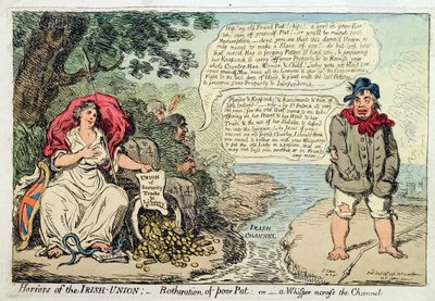 Horrores da União Irlandesa: Botheration of Pobre Pat, ou A Whisper através do Canal, publicado por Hannah Humphrey em 1798 (gravura à mão colorida) de James Gillray