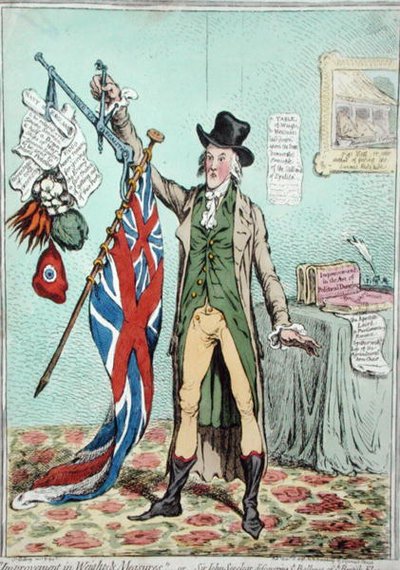 Improvement in Weights and Balances, ou Sir John Seeclear descobrindo o Balanço da Bandeira Britânica, publicado por Hannah Humphrey em 1798 (gravura colorida à mão) de James Gillray