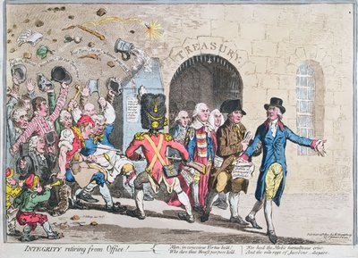 Integrity Retiring from Office, publicado por Hannah Humphrey em 1801 (gravura à mão colorida com aquatint) de James Gillray