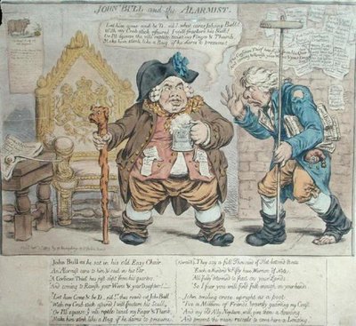 John Bull and the Alarmist, publicado por Hannah Humphrey em 1803 (gravura colorida à mão) de James Gillray