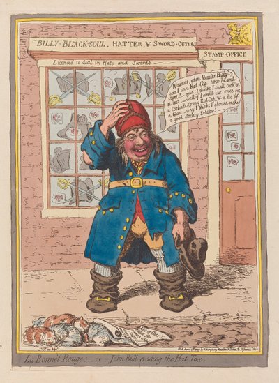 La Bonnet Rouge ou John Bull evadindo o Imposto sobre o Chapéu, pub. 1797 (gravação a cores) de James Gillray